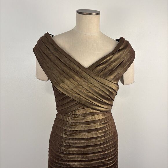TADASHI SHOJI Womens Medium Metallic Bronze Pleated Formal Cocktail Dress - Picture 3 of 5